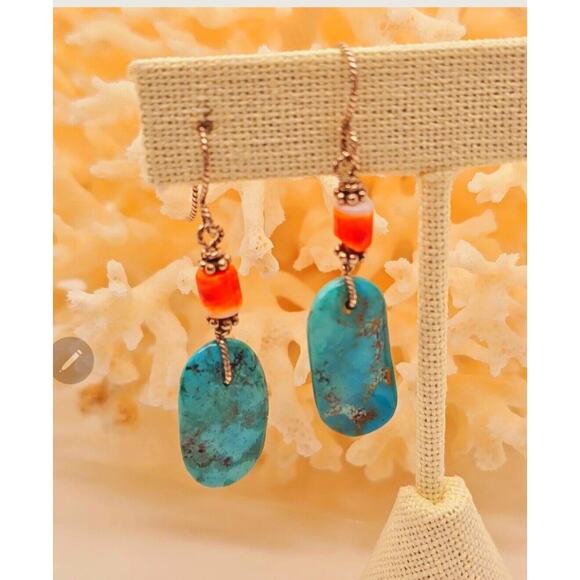 Sleeping Beauty Turquoise Spiny Oyster Sterling Artisan Earring NWT - Picture 1 of 8
